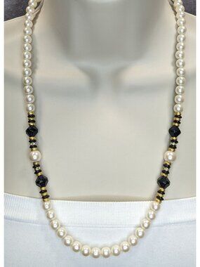 Vintage Faux Pearl Necklace Glass Beads Black Gold Classic Elegant